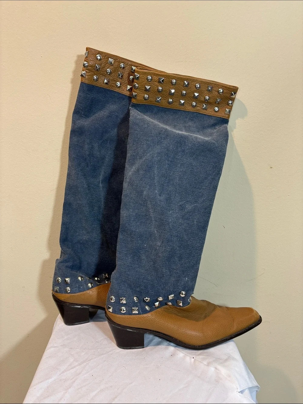 Vintage Stuart Weitzman Blue Denim and Tan Studded Boots